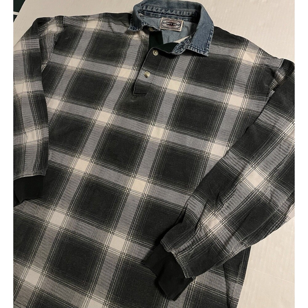 VTG 90’s County Seat Denim Collared Plaid Long Sleeve Polo Rugby Shirt SMALL
